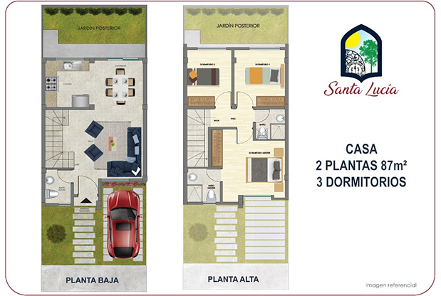 Plano de las dos plantas de la casa de 87 metros cuadrados y 3 dormitorios, Santa Lucía
