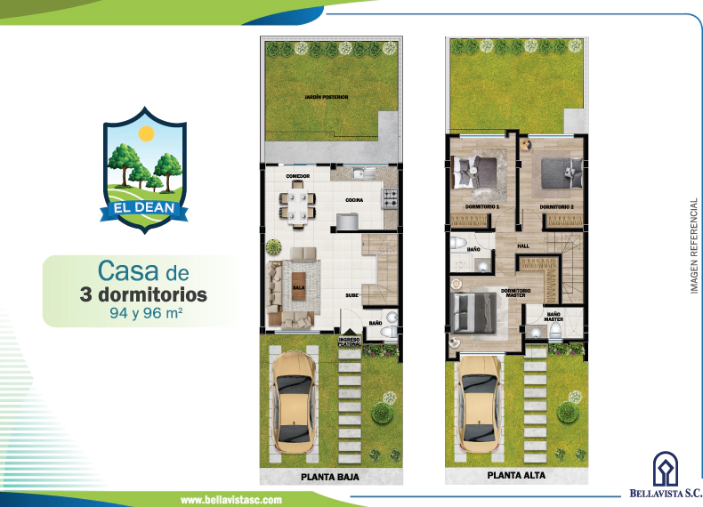 Plano de las dos plantas de la casa de 3 dormitorios, 94 y 96 metros cuadrados, El Dean