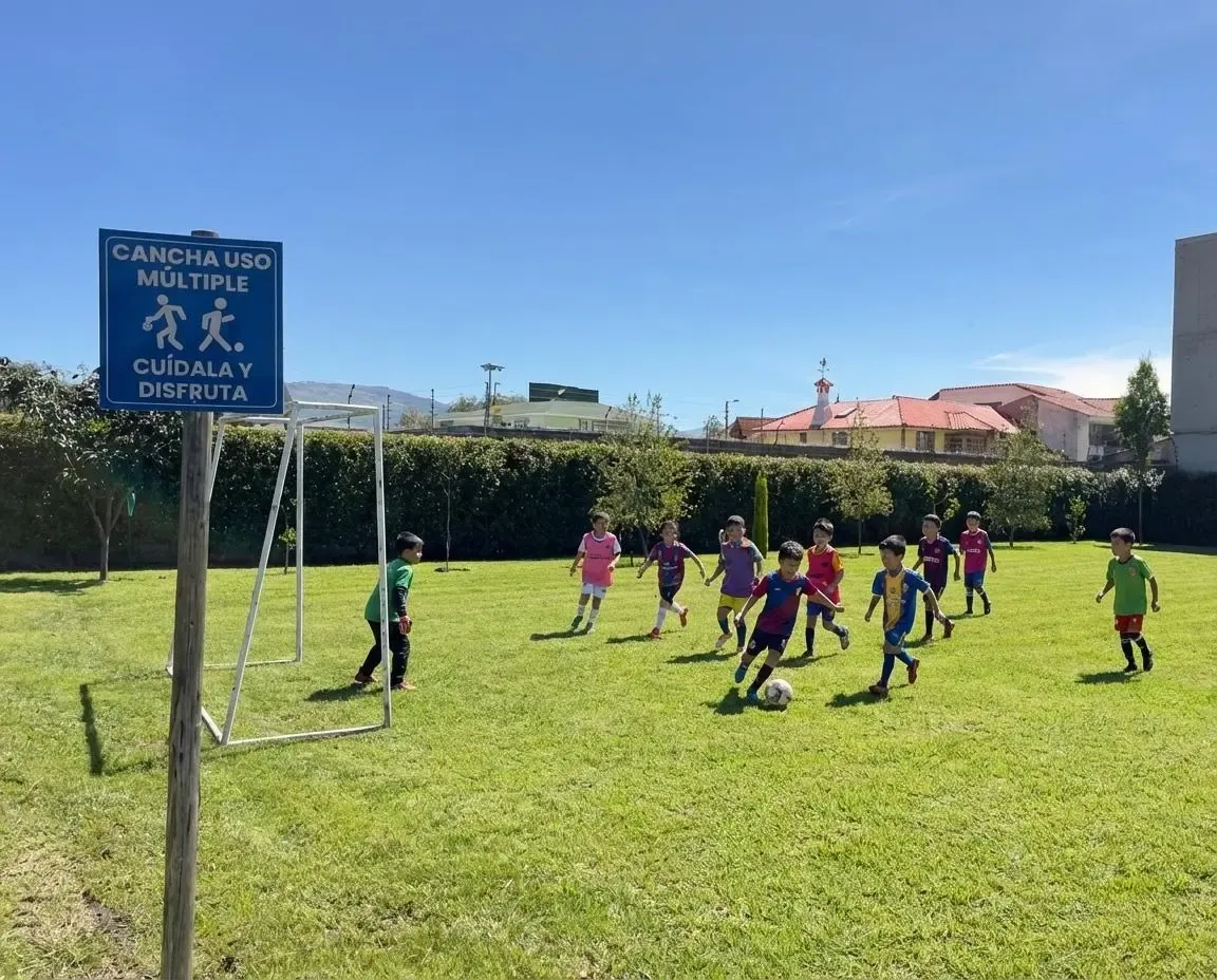 Niños jugando fútbol en la cancha de césped, Santa Lucía